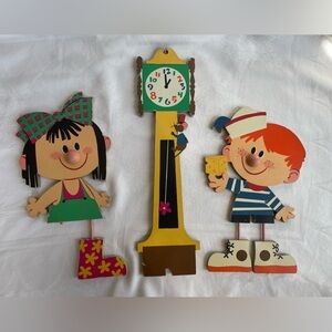 Vtg Hickory Dickory Dock Nursery Wall Plaques Girl Boy Clock Mouse 1970